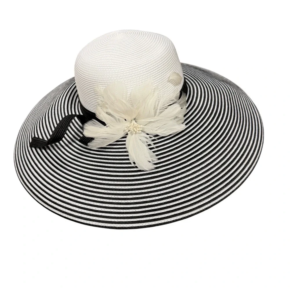 August Hat Company Extra Wide Brim Black White Striped Feather Flower NEW